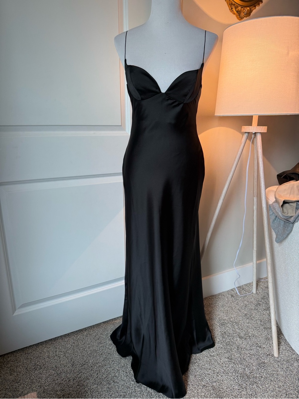 Zara NWT Black Satin Slip Maxi Dress Cowl Bust Spaghetti Strap Size M